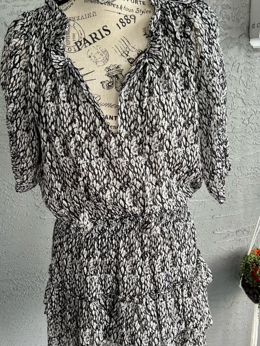 Misa Los Angeles Black and White Printed Ruffle-Neck Flirty Fairy  Dress